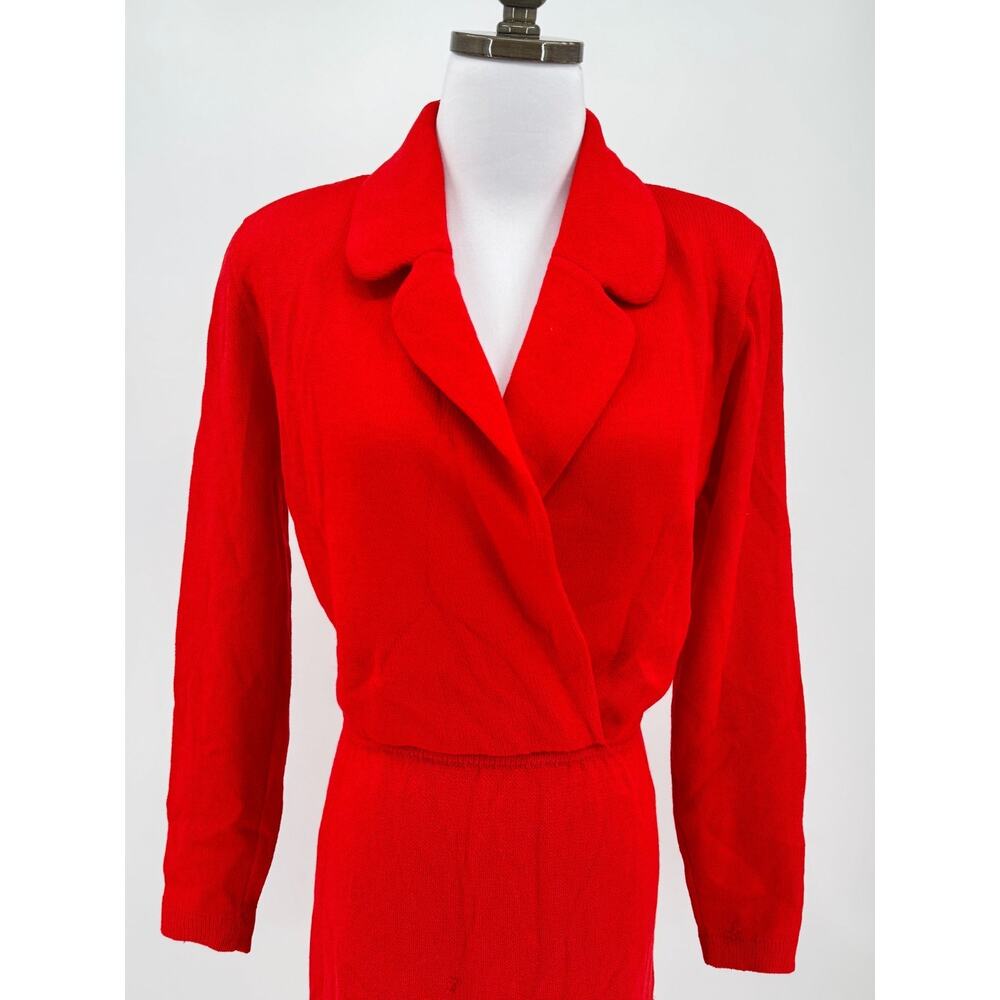 Vintage 80's St. John Red Santana Knit Collared Long Sleeve Dress Sz 10 - Picture 2 of 8